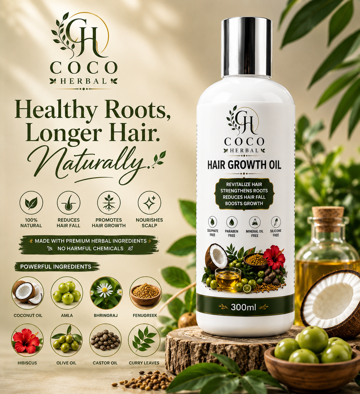 Coco Herbal Hair Growth Oil | 100% Natural Hair Fall Control Oil | 300ml